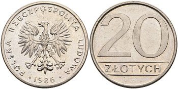 Польша 20 злотых 1986 MW, Народная Республика KM 153.1, Parchimowicz 254c медно-никель 4575-735
