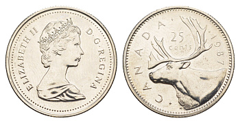 Канада 25 центов 1987 Елизавета II (1952-2022), олень KM 74 никель PROOF-LIKE (BU) 4638-534