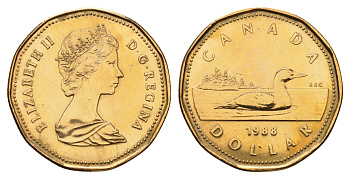 Канада 1 доллар 1988 Елизавета II (1952-2022), утка KM 157 никель плакированная бронзой 110-1116