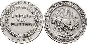 Германия, Франкфурт на Майне медаль 1953 СЕЛЬСКОХОЗЯЙСТВЕННОГО ОБЩЕСТВА Франкфурта, ПЕРВЫЙ ПРИЗ КОНТРОЛЯ КАЧЕСТВА ЗА СЛИВОЧНОЕ МАСЛО, диаметр 39,5 мм., DLG белый металл 06-271-33