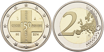 Бельгия 2 евро 2014 150 лет Бельгийскому обществу "Красный крест", тираж 12500 экз., в оригинальной коробке, сертификат KM UC#100 биметалл PROOF 3-4-7-23