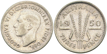 Австралия 3 пенса 1950 KG, Георг VI (1937-1952) KM 44 серебро 4585-269