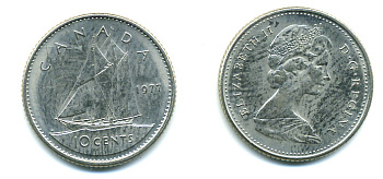 Канада 10 центов 1977 Елизавета II (1952-2022), парусник KM 77.1 никель 4383-425