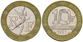 Франция 10 франков 1991 KM 964 биметалл 4582-326