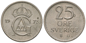 Швеция 25 эре 1973 U, Густав VI Адольф (1950-1973) KM 836 медно-никель UNC 4621-332