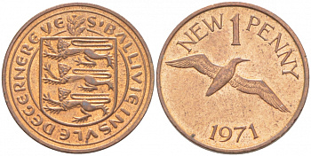 Гернси 1 пенни 1971 Елизавета II (1952-2022), северная олуша в полете KM 21 бронза UNC 214-863