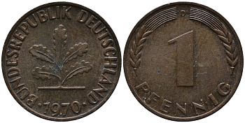 ФРГ 1 пфенниг 1970 D KM 105, J.380 сталь плакированная медью 99-314