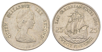 Восточные Карибы 25 центов 1986 KM 14 медно-никель 4628-1057