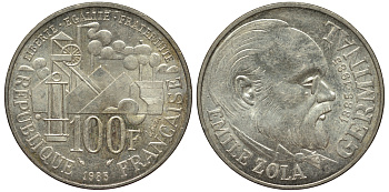 Франция 100 франков 1985 100 лет со дня рождения Эмиля Золя KM 957 серебро 1516-1623
