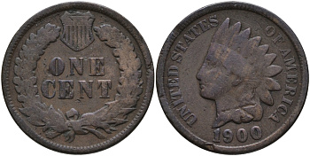 США 1 ЦЕНТ 1900 ИНДЕЕЦ KM 90а бронза 4396-331