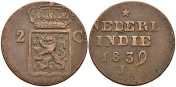 Суматра, Нидерландская Индия 2 цента 1839 J KM 291 медь 4575-1015