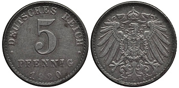 ГЕРМАНИЯ 5 ПФЕННИГОВ 1920 A KM 19, Jager 297, Weege 5 железо 4547-621