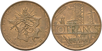 Франция 10 франков 1976 тип Матье KM 940, Le Franc 365.7-8 никель латунь 4599-1023