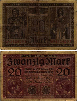 ГЕРМАНИЯ 20 МАРОК 1918 20 ФЕВРАЛЯ 1918, СЕРИЯ W, КРАСНАЯ, МИНЕРВА И МЕРКУРИЙ Pick 57, Rosenberg 55 бумага 7183-60-3-2