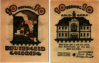 ГОЛЬДБЕРГ 10 ПФЕННИГОВ 1922 НОТГЕЛЬД, ИЮНЬ 1922 - 31 МАЯ 1922, ЗЕМЛЯ МЕКЛЕНБУРГ ПЕРЕДНЯЯ ПОМЕРАНИЯ Grabowski 452.1 бумага 7547-93-2-3