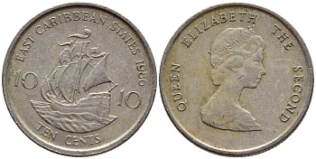 Восточно-Карибские штаты 10 центов 1986 Елизавета II (1952-2022), парусник KM 13 медно-никель 4392-1147