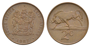 ЮАР 2 цента 1987 герб, антилопа гну KM 83 бронза 4602-835