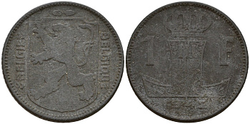 Бельгия 1 франк 1942 Belgique - Belgie, Леопольд III (1934-1947), германская оккупация, Вторая мировая война KM 127 цинк 4161-431