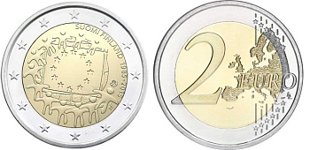 Финляндия 2 евро 2015 30 лет флагу Евросоюза KM 100 биметалл UNC M46-05