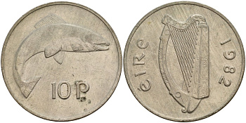 Ирландия 10 пенсов 1982 лосось KM 23 медно-никель 4140-333