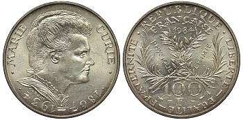 Франция 100 франков 1984 50 лет со дня смерти Марии Кюри KM 955 серебро 413-3315