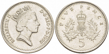 Великобритания 5 пенсов 1992 Елизавета II (1952-2022) KM 937b, Spink 4372 (D4) медно-никель 3955-544