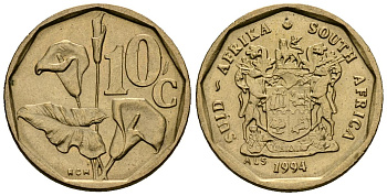 ЮАР 10 центов 1994 цветок KM 135 сталь плакированная латунью 4173-958
