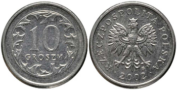 Польша 10 грошей 2002 MW KM 279 медно-никель 201-445