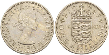 Великобритания 1 шиллинг 1960 Елизавета II (1952-2022), Английский герб KM 904, Spink 4147 медно-никель 217-334