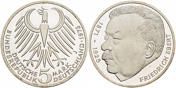 ФРГ 5 марок 1975 J, 50 лет со дня смерти Фридриха Эберта J. 416, KM 141 серебро PROOF 1087-3-15