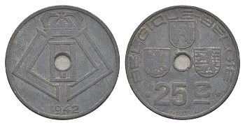 Бельгия 25 сантимов 1942 Belgique - Belgie, Леопольд III (1934-1947), германская оккупация, Вторая мировая война KM 131 цинк 4619-1017