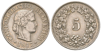 Швейцария 5 раппенов 1917 B KM 26 медно-никель 4160-813