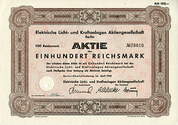 Германия 100 рейхсмарок 1943 АО Электрические осветительные и энергетические установки, Берлин, акция   бумага  8804-68-1