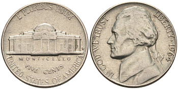 США 5 центов 1964 D, Джефферсон KM А192 медно-никель 92-1135