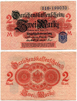 ГЕРМАНИЯ 2 МАРКИ 1914 РОЗОВАЯ БУМАГА, СИНЯЯ ПЕЧАТЬ, СЕРИЯ 110 Pick 55, Rosenberg 52d бумага 7551-10-1-1