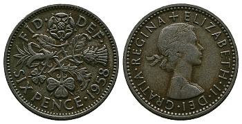 Великобритания 6 пенсов 1958 Елизавета II (1952-2022) KM 903, Spink 4149 медно-никель 4381-712