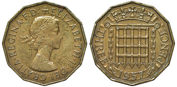 Великобритания 3 пенса 1957 Елизавета II (1952-2022) KM 900, Spink 4153 никель латунь 4122-931