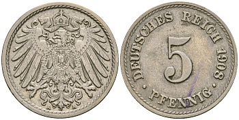 Германия 5 пфеннигов 1908 A KM 11, Jager 12, Weege 6 медно-никель 4364-4536