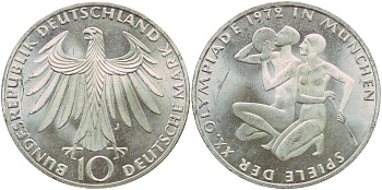 ФРГ 10 марок 1972 J, XX летние Олимпийские Игры, Мюнхен 1972, спортсмены KM 132, J. 403 серебро aUNC 1522-421