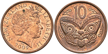 Новая Зеландия 10 центов 2009 маска Маори, Елизавета II (1952-) KM 117а сталь плакированная медью 4179-1033