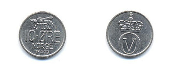 Норвегия 10 эре 1973 пчела, Улаф V (1958-1991) KM 411 медно-никель 4379-327