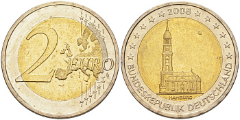 ФРГ 2 евро 2008 G, серия федеральные земли, церковь Св. Михаила в Гамбурге KM 261 биметалл UNC 4111-812