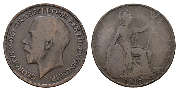 Великобритания 1 пенни 1918 Георг V (1910-1936) КМ 810, Spink 4051 бронза 4680-246