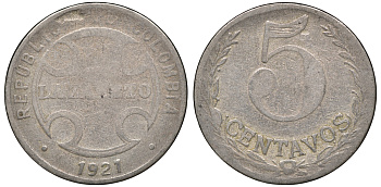 Колумбия 5 сентаво 1921 государственный лепрозорий KM L11 медно-никель 53-1035