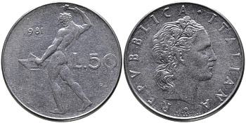 ИТАЛИЯ 50 ЛИР 1981 R, КУЗНЕЦ KM 95.1 нержавеющая сталь 89-452