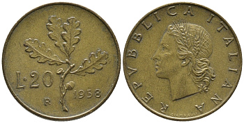 ИТАЛИЯ 20 ЛИР 1958 R ДУБОВАЯ ВЕТВЬ KM 97.1 алюминиевая бронза 34-1252