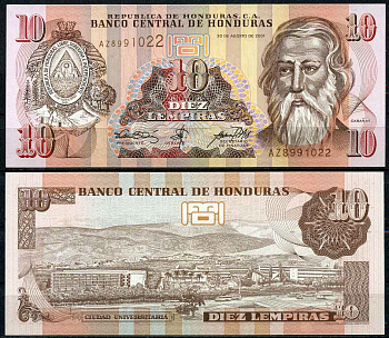 Гондурас 10 лемпира 2001 Хосе Тринидад Кабаньяс, университет Тегусигальпа Pick 86 b бумага UNC (пресс) 447-34-2-1