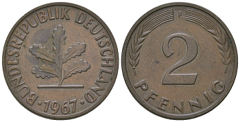 ФРГ 2 пфеннига 1967 F KM106, J.381 бронза 4651-1113