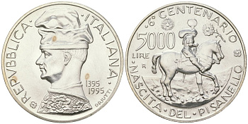 Италия 5000 лир 1995 R, 600 лет со дня рождения Пизанелло KM 175 серебро BU 1529-1245