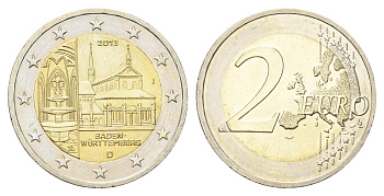 Германия 2 евро 2013 J, Баден-Вюртемберг, монастырь Маульбронн, серия Федеральные земли Германии KM 314 биметалл UNC M85-16